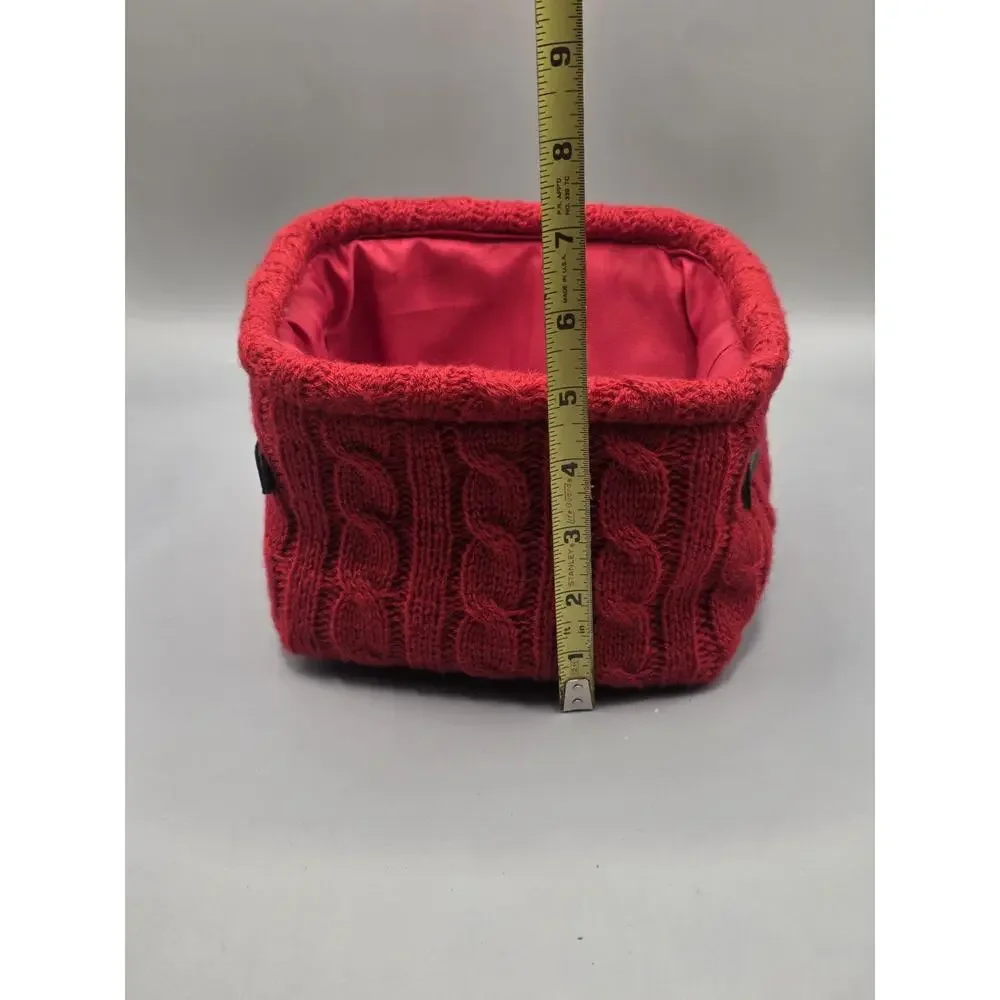 Target Threshold Holiday Red Cable Knit Storage Basket Faux Leather Handle Small